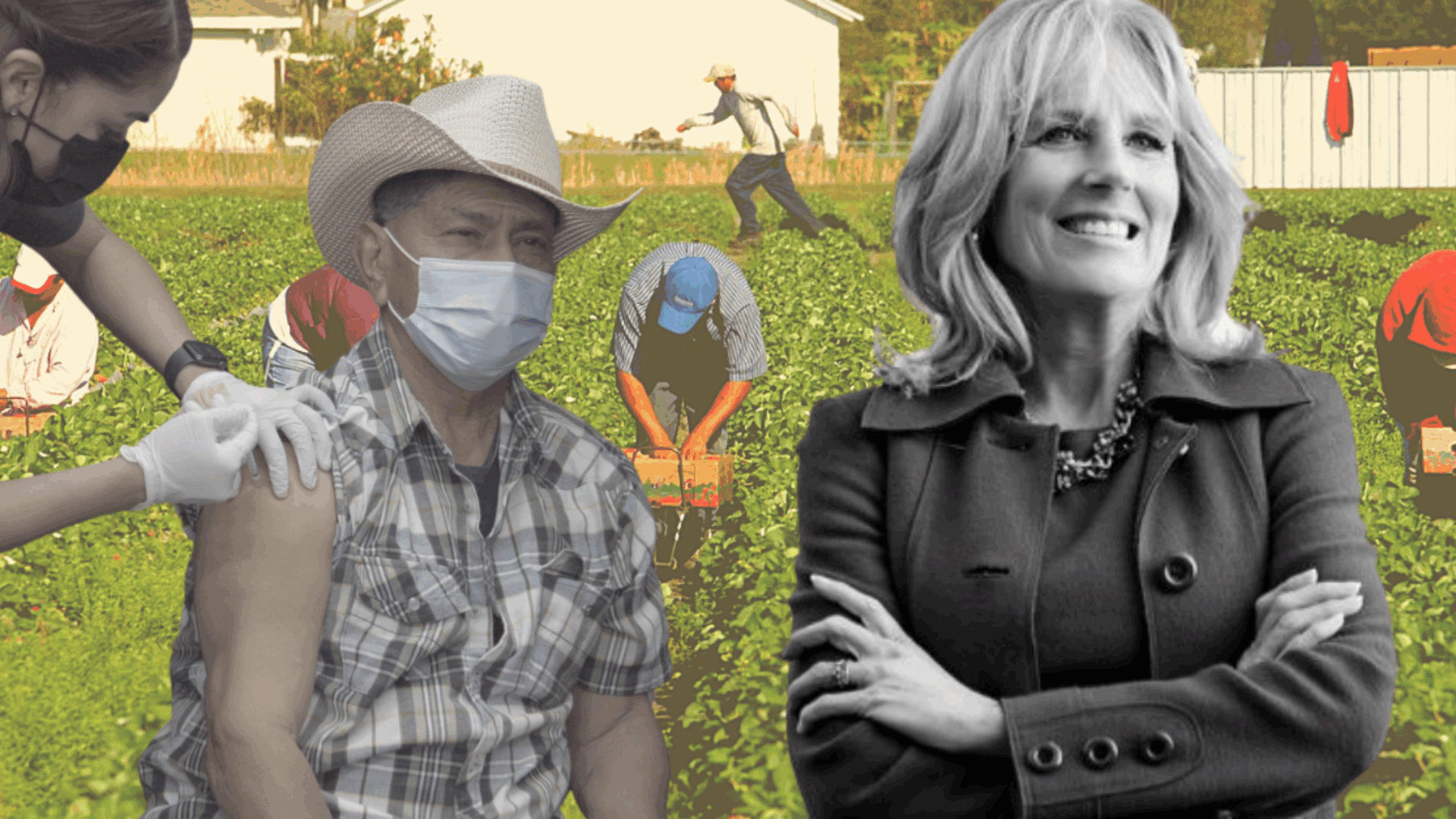 Una mujer con mascarilla y un hombre vestido con traje están juntos en un campo de hierba junto a la Dra. Jill Biden.