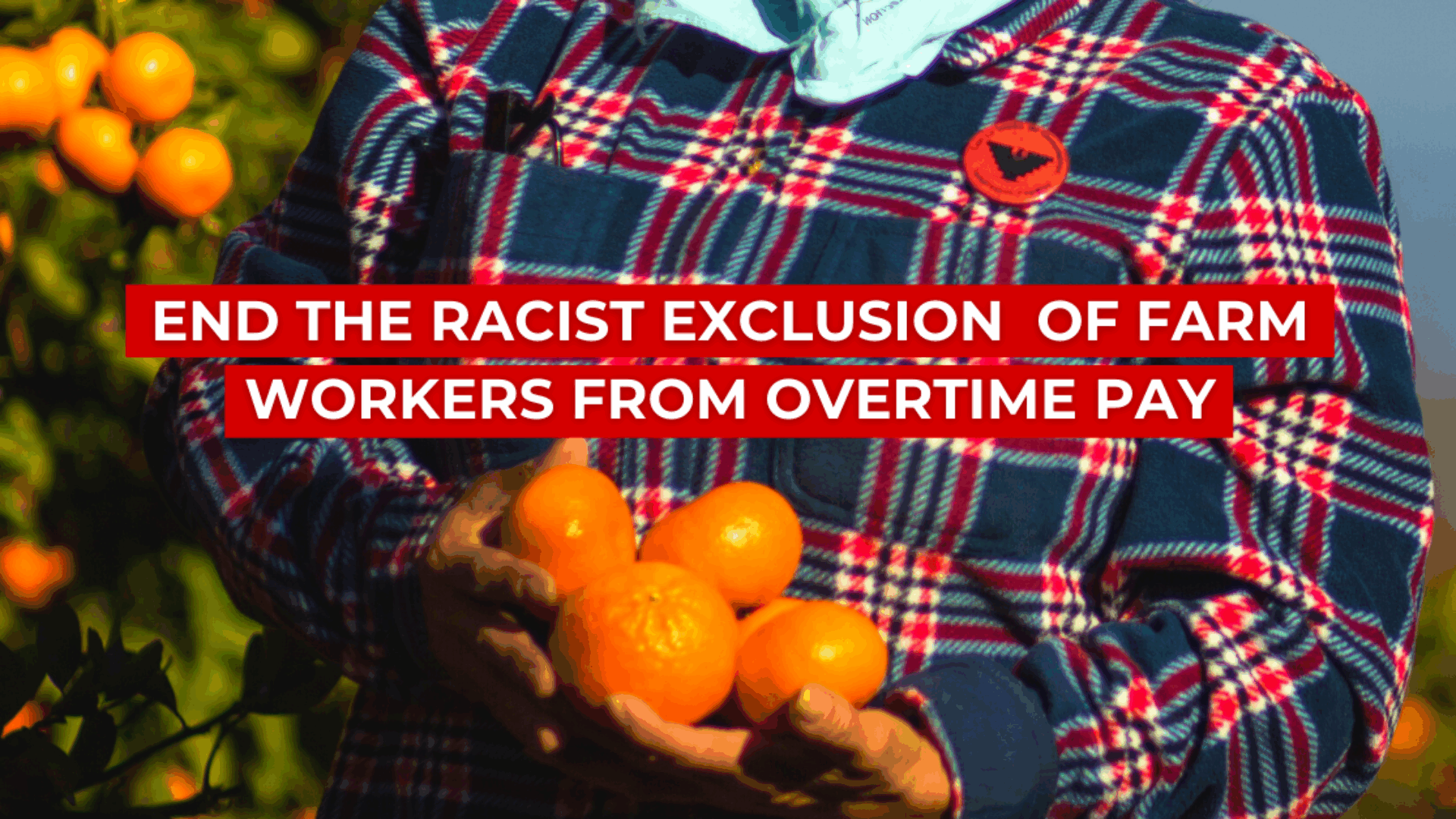 Visual of a rally sign calling for the end of racist exclusion of farm workers from receiving overtime pay.