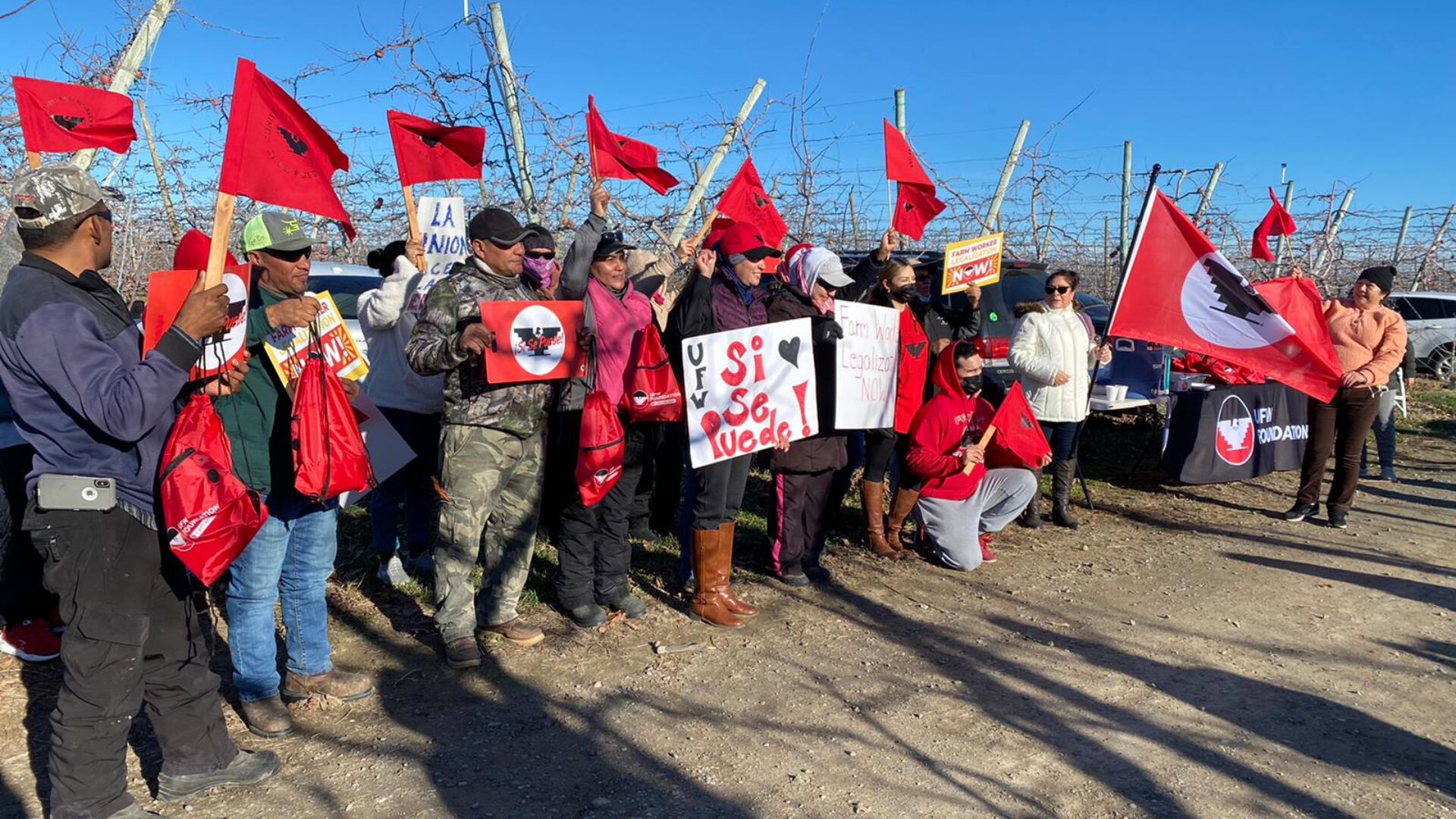 Varios individuos con banderas rojas y carteles, unidos en una manifestación o reunión pública.