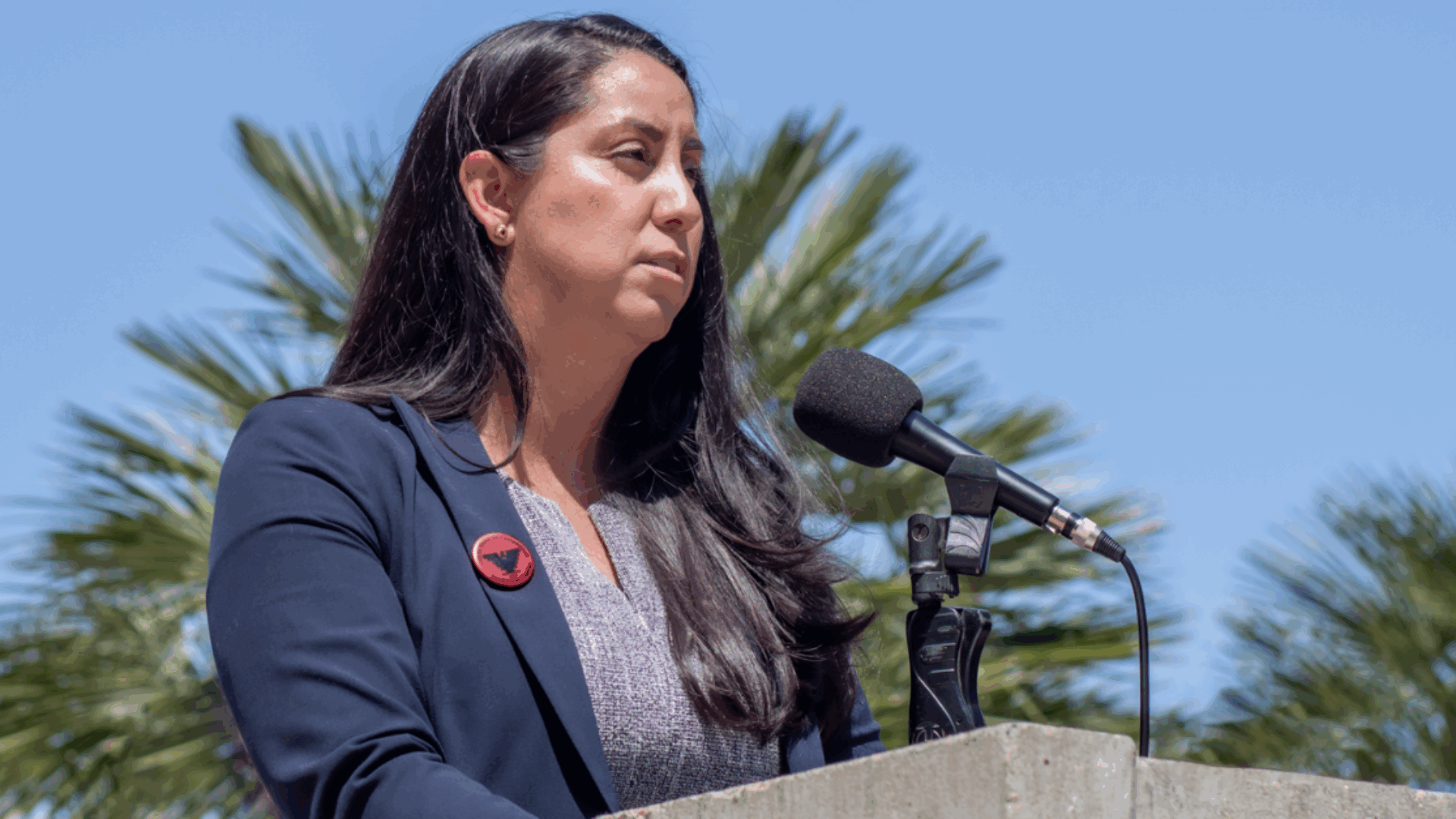 A woman in formal attire speaks into a microphone, engaging with her audience.
