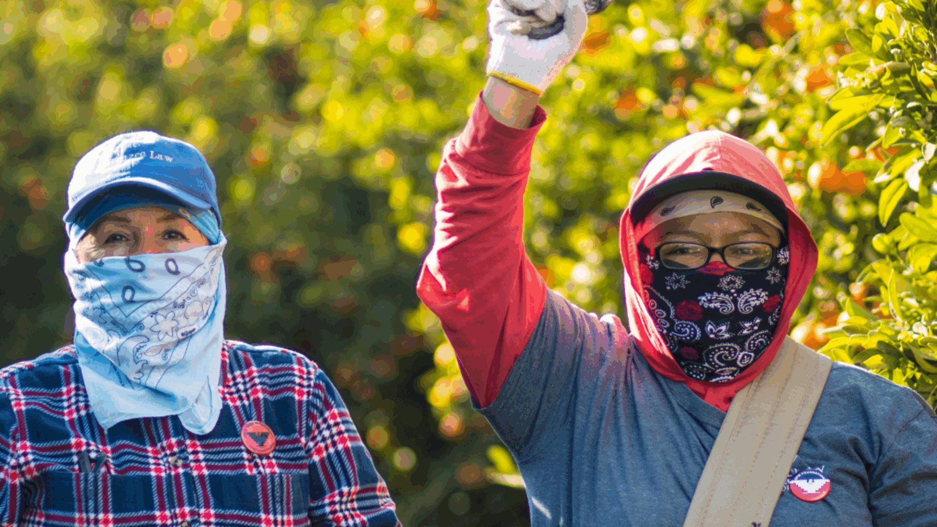Two people wearing face masks are holding oranges, appearing cheerful in a vibrant outdoor environment.