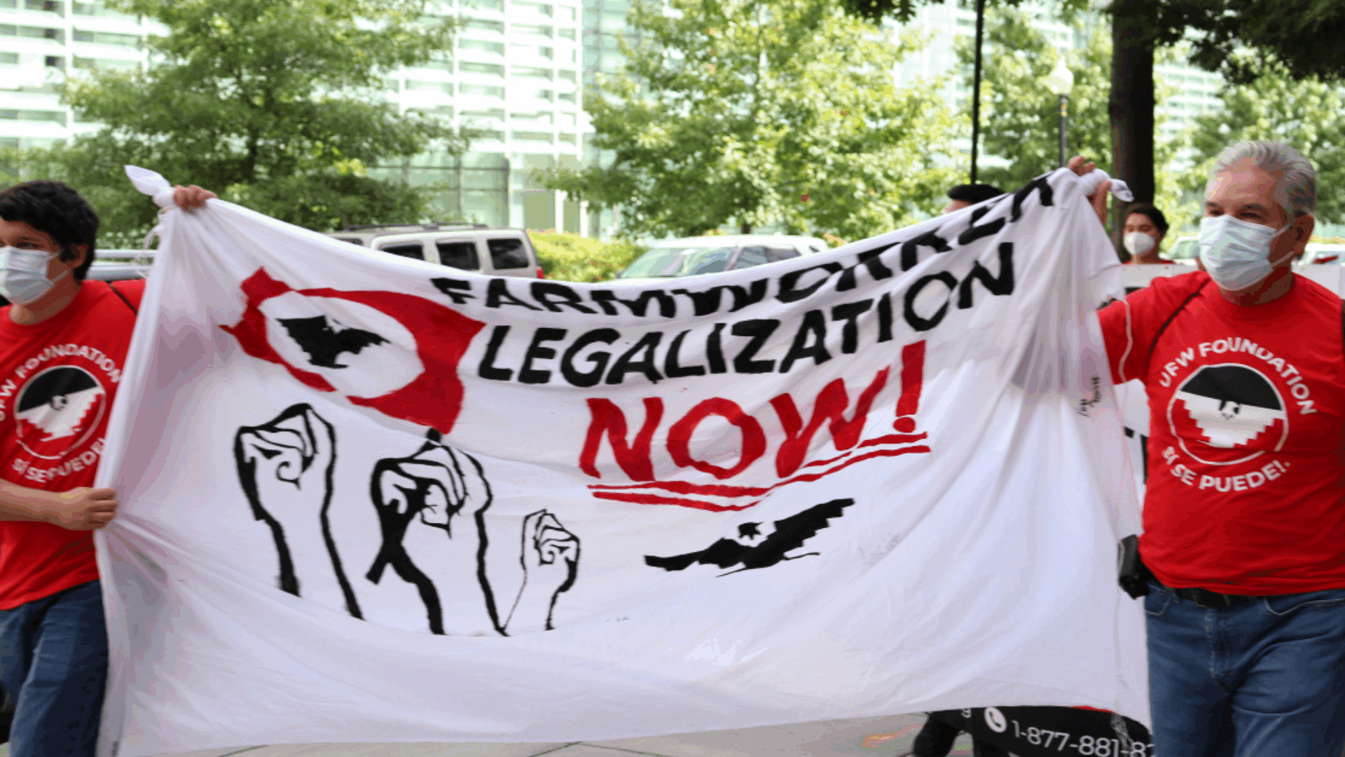 Two individuals, wearing face masks and red shirts bearing the logo of the United Farm Workers (UFW) Foundation, hold a large banner demanding the immediate legalization of farm workers.