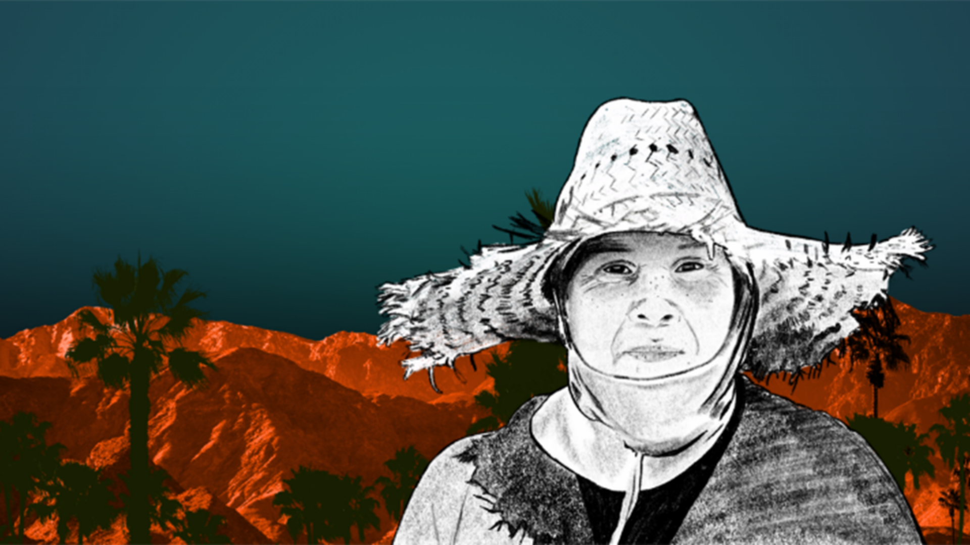 Stylized sketch of a person wearing a wide-brimmed straw hat with frayed edges, set against a background of vibrant orange desert mountains and silhouetted palm trees under a deep teal sky.