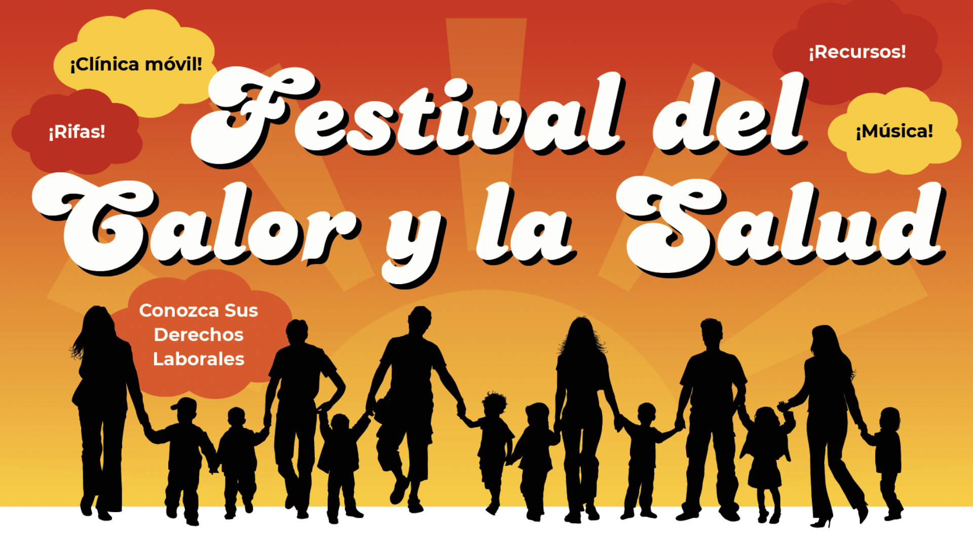 Cartel del “Festival del Calor y la Salud” con siluetas de familias tomadas de la mano y globos de diálogo que indican actividades: clínica móvil, rifas, derechos de los trabajadores, recursos y música.